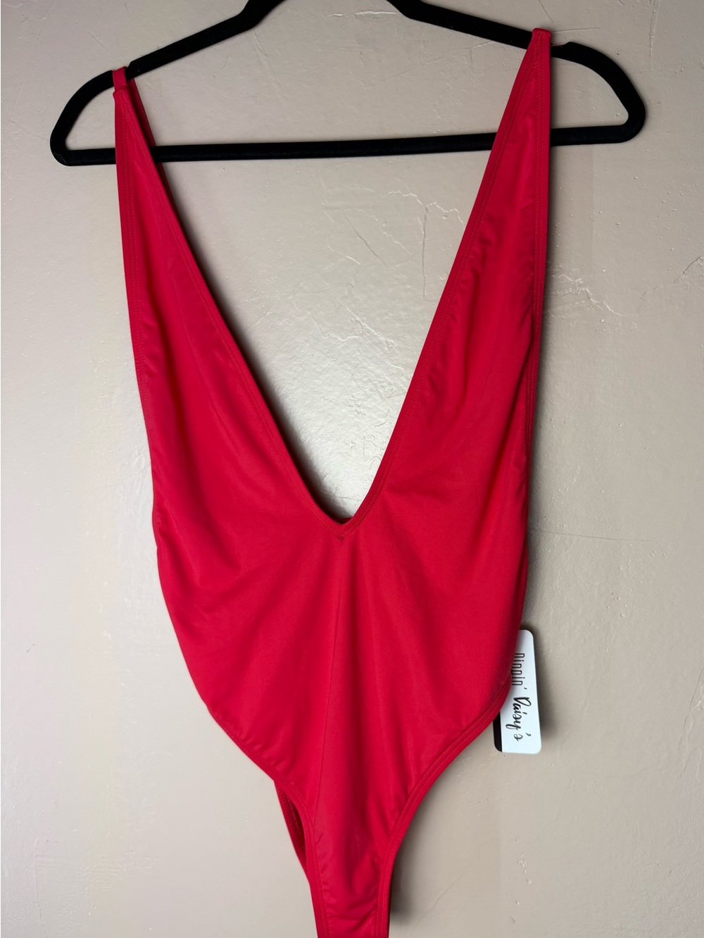 ⁠Dippin’ Daisy’s RED Deep V Plunge Low Back One Piece Swimsuit NWT M⁠